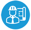 A blue circle icon with a white line design of a construction person reading plans to symbolize Construction Management.