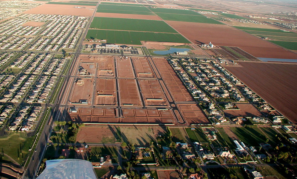 Aerial view of land in development that will be Highland Groves.