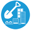 A blue circle icon with a white line design of a shovel and a community/city to symbolize Land development.