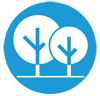 A blue circle icon with a white line design of two trees to symbolize Landscape Architecture.