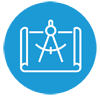 A blue circle icon with a white line design of a compass drawing tool on a sheet of plans to symbolize Construction Management.