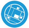 A blue circle icon with a white line design of a planned out community map to symbolize Planning.