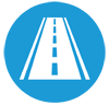 A blue circle icon with a white line design of a road to symbolize Transportation/ Transit.