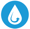 A blue circle icon with a white line design of a water drop with an arrow to show circulation to symbolize Water Resources.