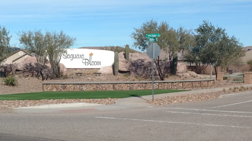 Entry monument of Saguaro Bloom master-planned community in Marana, Arizona.