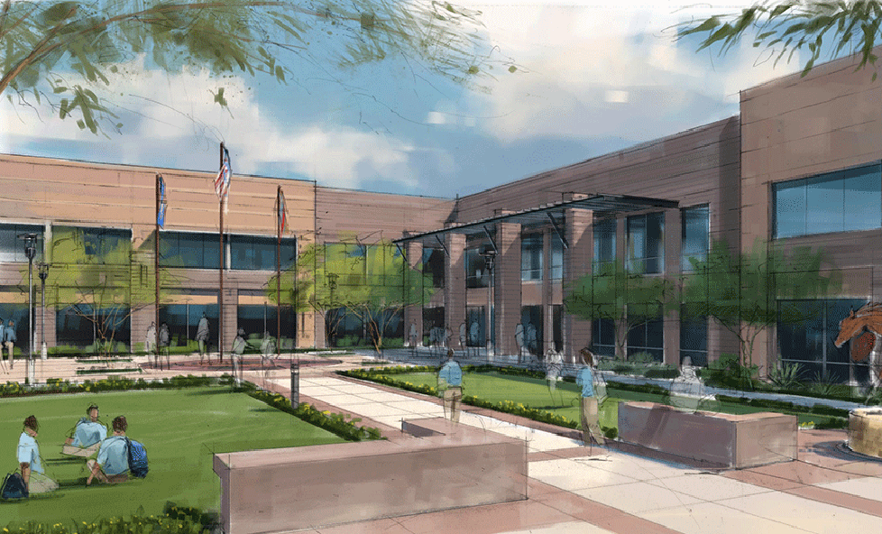 illustrative rendering of a two-story school with a courtyard.