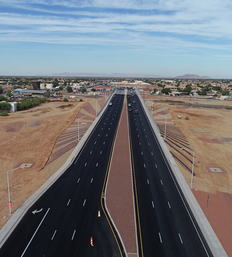 Aerial view of ADOT - SR 347 UPRR Overpass in Maricopa, Arizona.