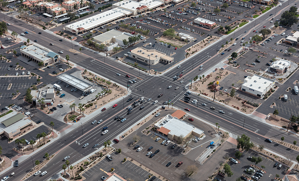 Aerial view of Gilbert and Guadalupe Intersection in Gilbert, Arizona.