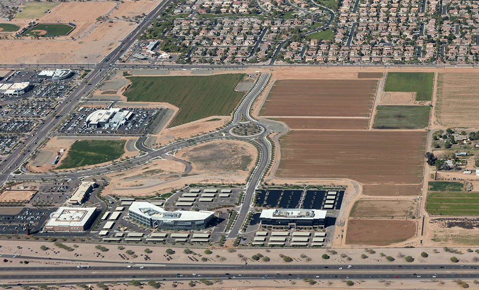 Aerial view of Rivulon Mixed-use Development in Gilbert, Arizona.