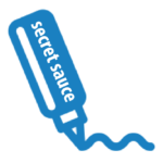 A blue line design of a bottle squirting out a squiggly line with the words “secret sauce” written on the side in white.