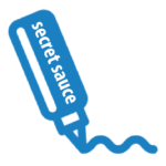 sauce bottle labeled (1) A blue line design of a bottle squirting out a squiggly line with the words “secret sauce” written on the side in white.