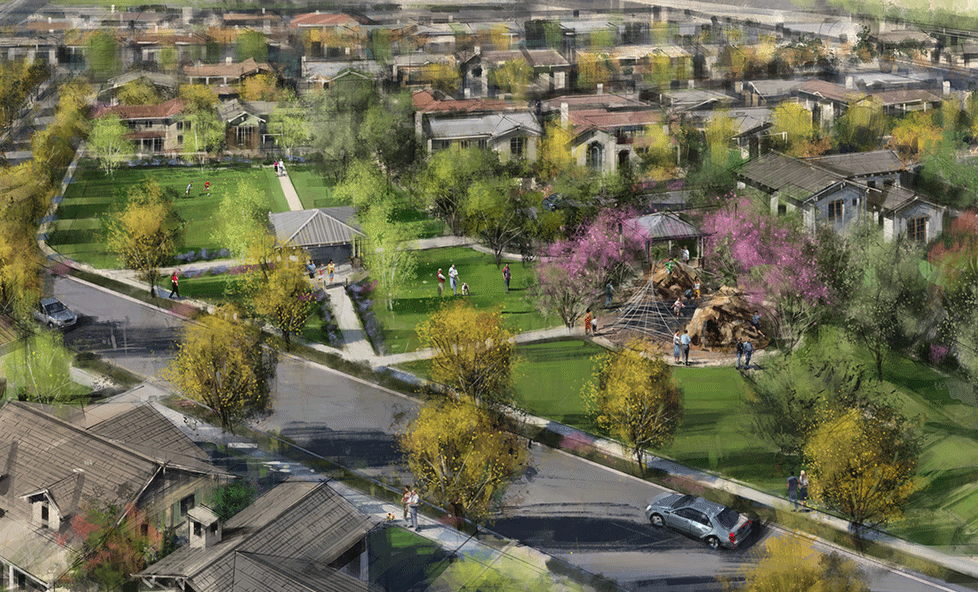 artistic rendering of the green grass and tree-lined Sonoqui Creek community.