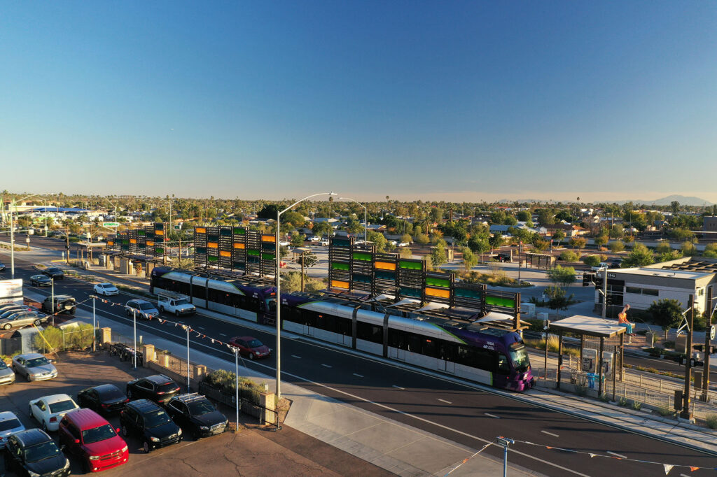 Aerial view of Valley Metro Light Rail Gilbert Road Extension in Mesa, Arizona.