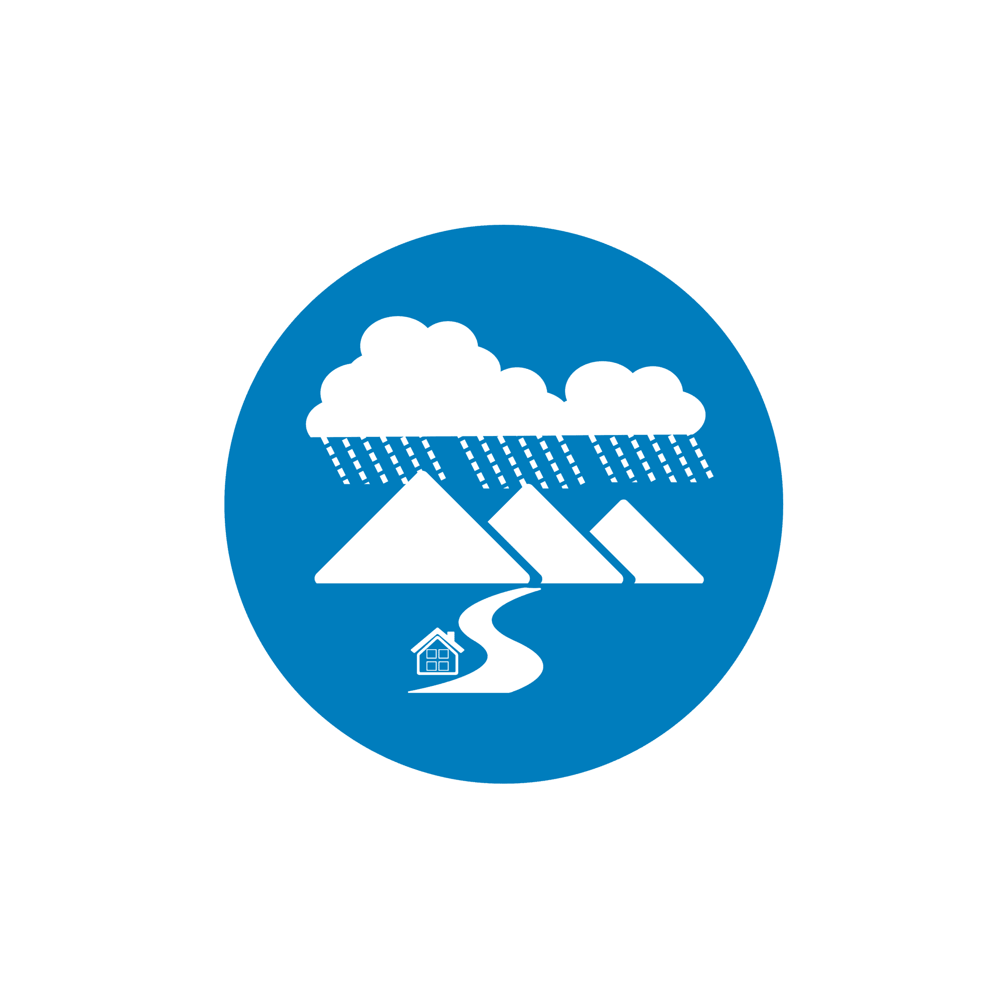A blue circle icon with a white line design of rain over mountains and a valley to symbolize Flood Control.