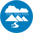 A blue circle icon with a white line design of rain over mountains and a valley to symbolize Flood Control.