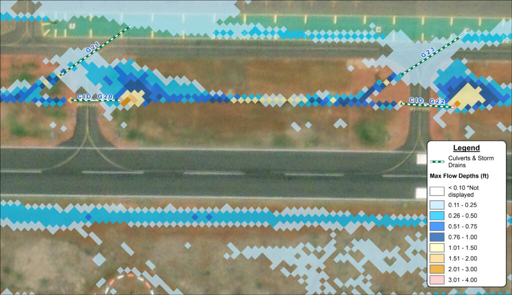 a screenshot of an airport runway with colorful overlay displaying the flood analysis in 2D software.
