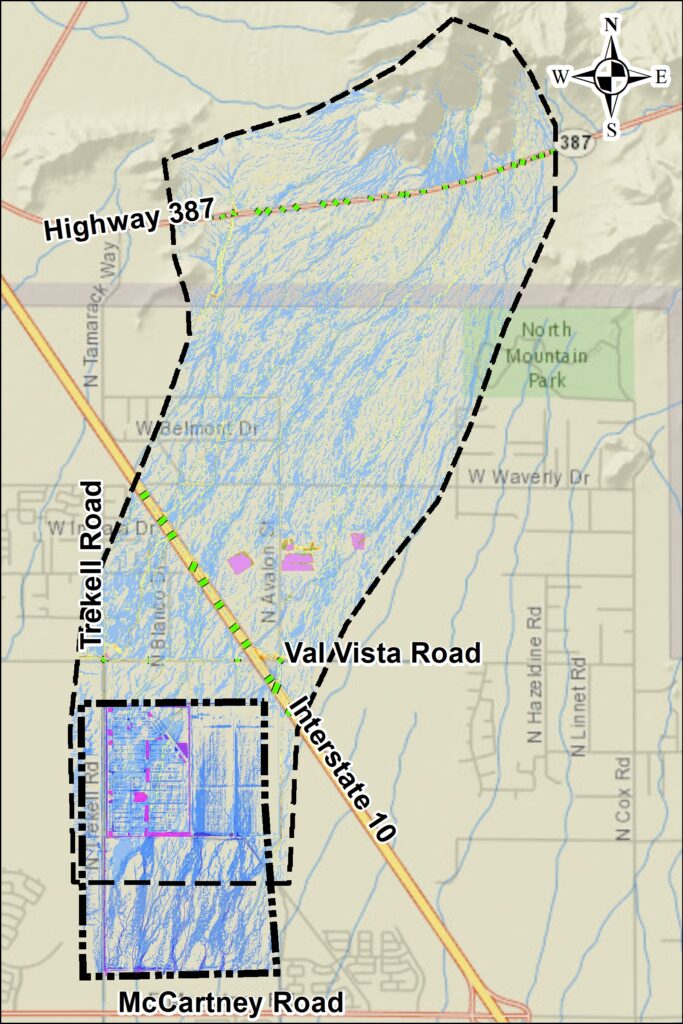 shows the drainage analysis of a watershed area in blue over a map