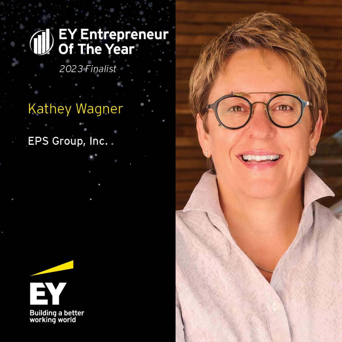 A graphic including the "EY Entrepreneur Of the Year" logo. It states that Kathey Wanger of EPS Group, Inc. was a 2023 Finalist.