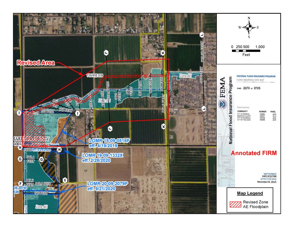 Aerial image with various shapes and text overlaid to demonstrate the revised zone of the floodplain at Entrada Residential Development.