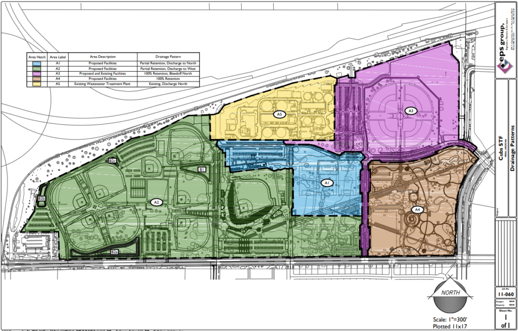 A civil rendering that's color coded the phases of the spring training facility to illustrate the drainage patterns.
