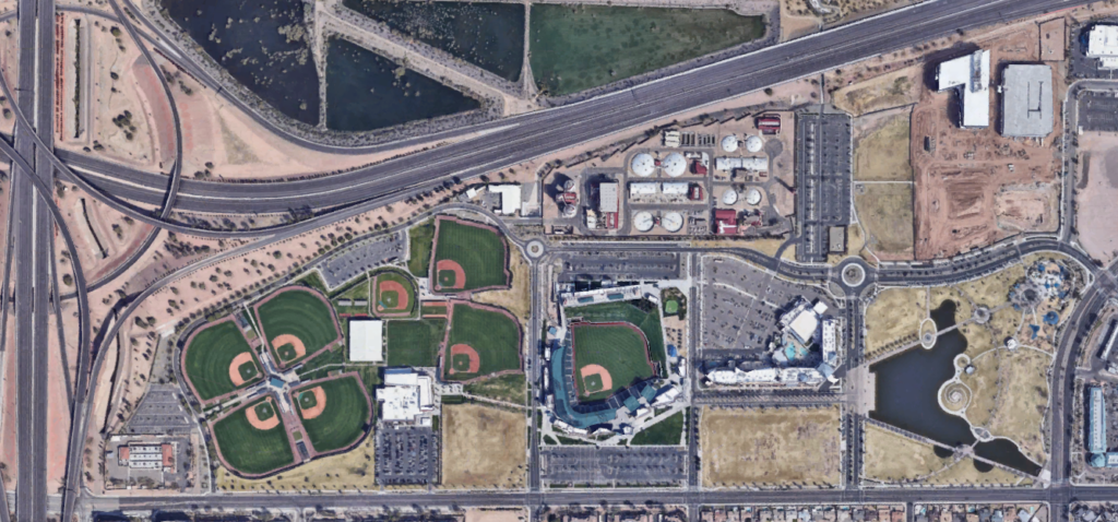 A google maps aerial screenshot of the entire spring training land featuring the fields, water facilities, hotel, and nearby park.