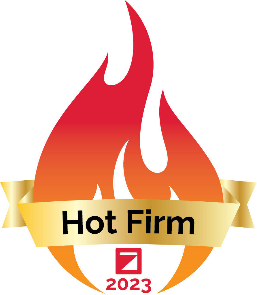 Logo of the Zweig Group's 2023 Hot Firm of the Year. It's a red flame with a yellow ribbon, scripted with 