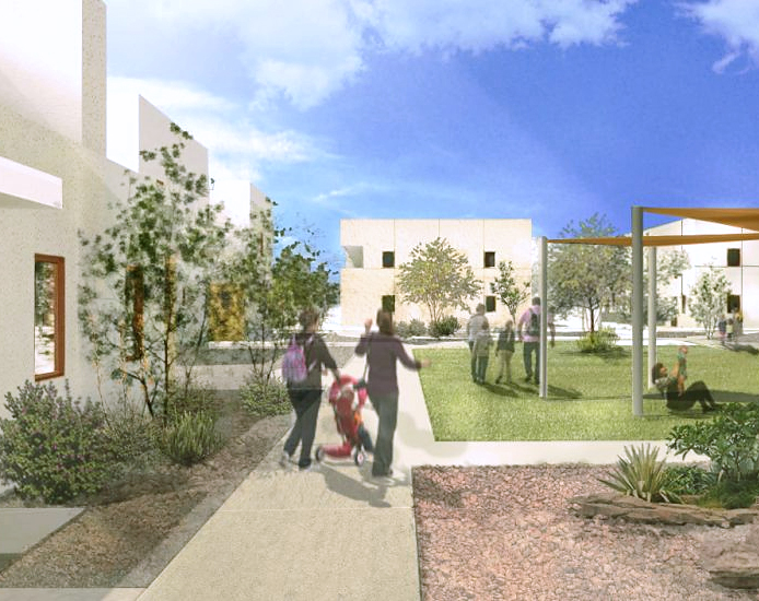 Artistic rendering of Libertad apartments, showcasing people walking on the sidewalks and green open space.