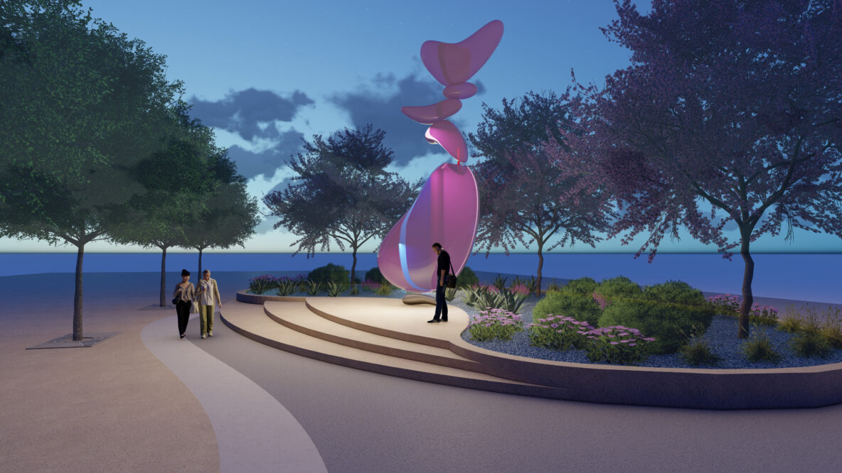 rendering of the courtyard of the council chambers featuring people strolling and a tall, purple statue.