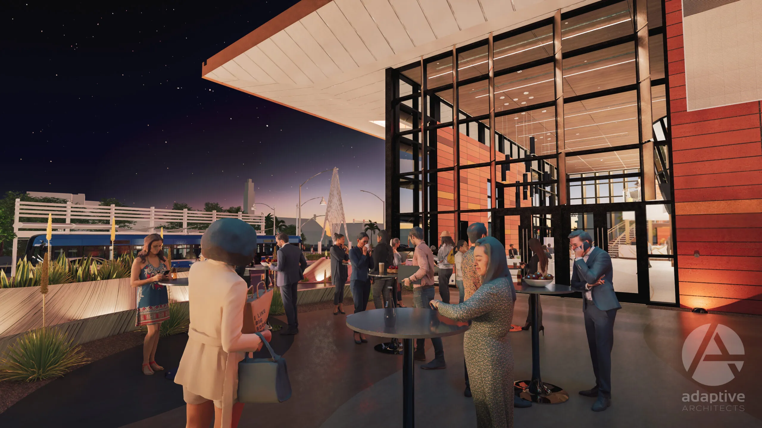 rendering of the courtyard with an event happening.